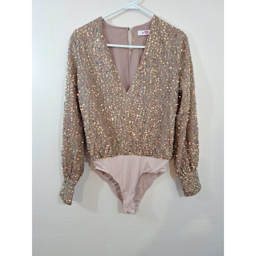 EUC Womens Buddy Love Sequined JENNY Bodysuit Rose Pink Small